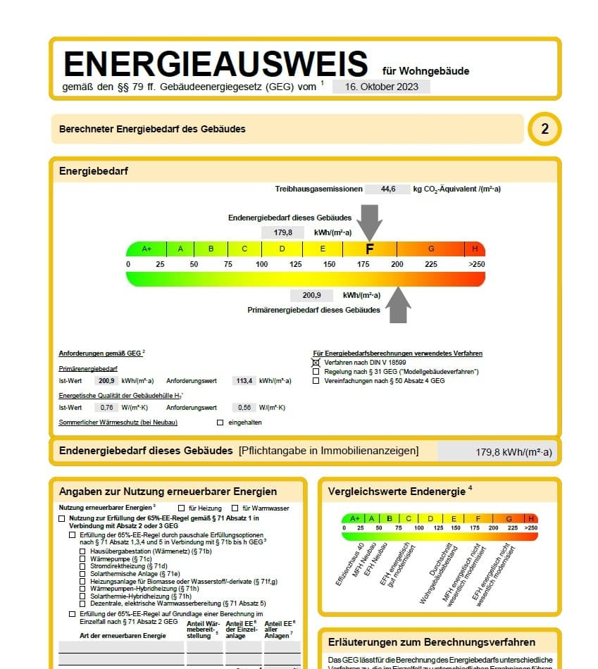 Beispiel Energieausweis für Wohngebäude: Energiebedarf und Effizienzskala nach GEG