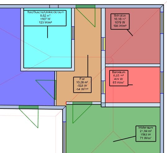 Beispiel Grundriss: raumweise Heizlast in Watt und spezifische Heizlast pro m²